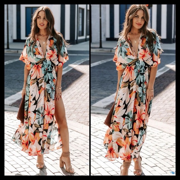 Floral Kimono Midi Dress With Slits - Picture 5 of 8
